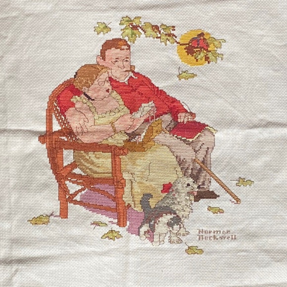 Norman Rockwell vintage cross stitch. Couple with animals on loveseat - Picture 4 of 14